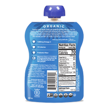 Load image into Gallery viewer, Back of a blue organic package with nutrition facts and branding on a white background