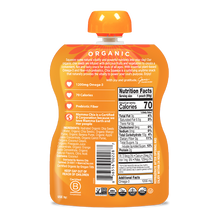 Load image into Gallery viewer, Orange organic snack pouch with nutrition facts label on a white background