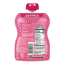 Load image into Gallery viewer, Pink organic snack pouch with nutrition label on a white background
