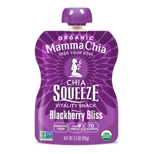 Load image into Gallery viewer, Purple Mamma Chia Chia Squeeze packet for Blackberry Bliss flavor on a white background