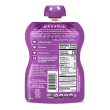 Load image into Gallery viewer, Purple organic snack pouch with nutrition label on a white background