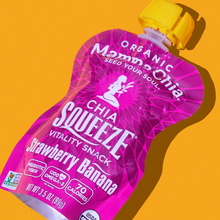 Load image into Gallery viewer, Strawberry Banana Chia Squeeze Pouch on a yellow background
