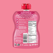 Load image into Gallery viewer, Pink packaging of an organic chia snack. Highlights: 1200mg Omega-3, 70 calories, prebiotic fiber. Includes nutrition facts and organic certifications.