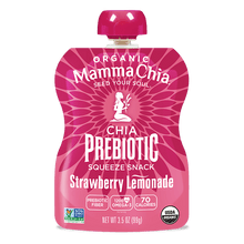 Load image into Gallery viewer, Organic Mamma Chia Prebiotic Squeeze Snack in Strawberry Lemonade flavor. Pink packaging with a silhouette logo. Highlights include 70 calories, 1200 mg Omega-3.