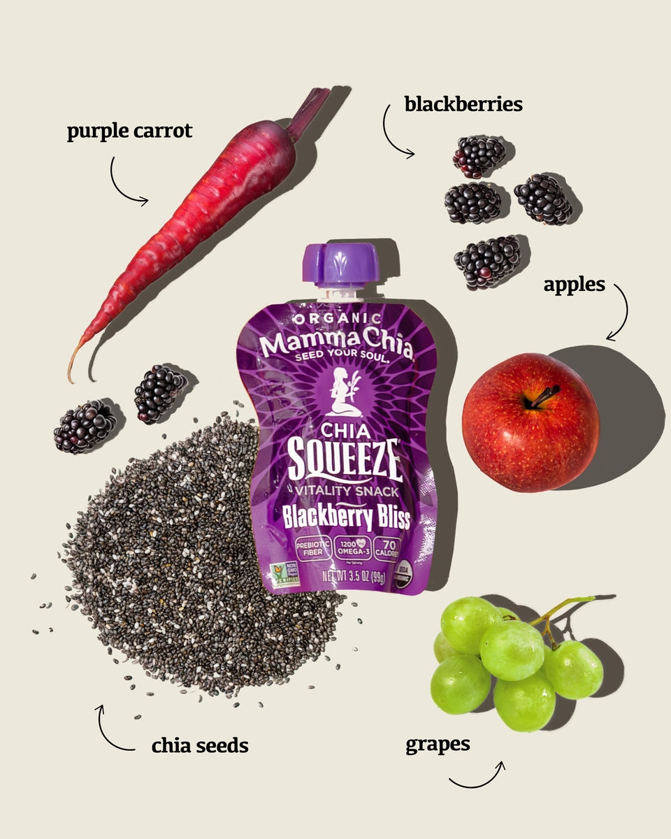 Packaging of Mamma Chia Blackberry Bliss snack surrounded by labeled ingredients: purple carrot, blackberries, chia seeds, apple, and grapes on a light background.