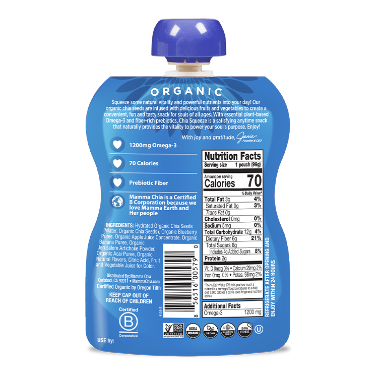 Back of a blue organic package with nutrition facts and branding on a white background