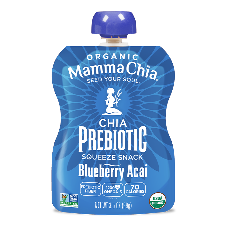 Mamma Chia chia prebiotic squeeze snack packet in blue packaging on a white background