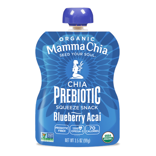 Mamma Chia chia prebiotic squeeze snack packet in blue packaging on a white background
