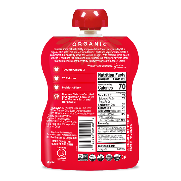 Red organic snack pouch with nutrition facts label on a white background