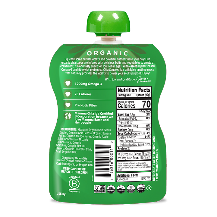 Green organic snack package with nutrition facts label on a white background
