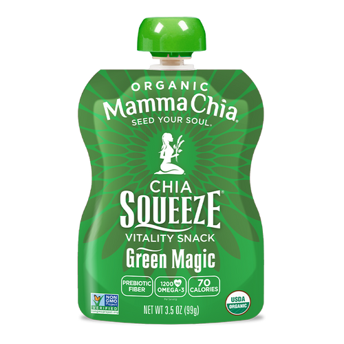 Green Mamma Chia chia squeeze packet on a white background