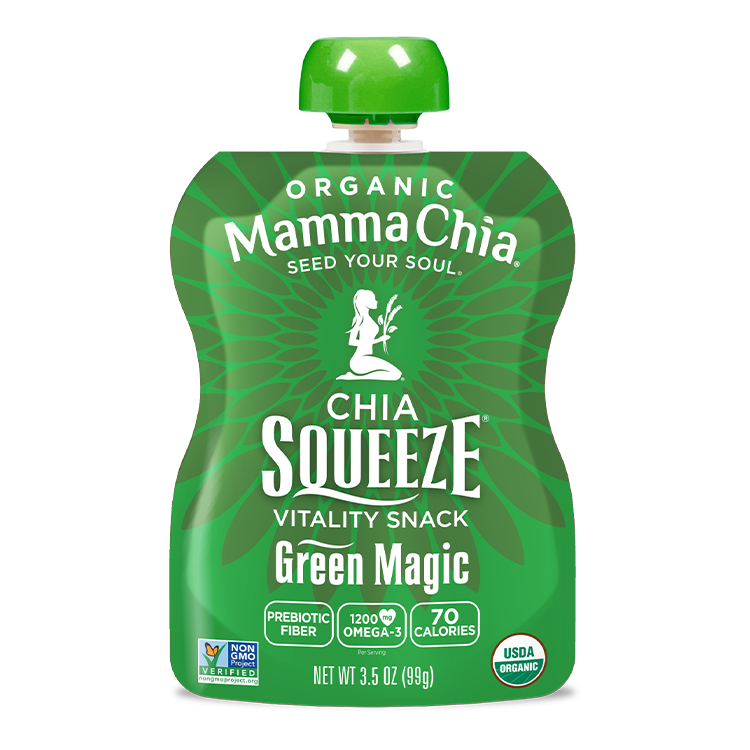 Green Mamma Chia chia squeeze packet on a white background