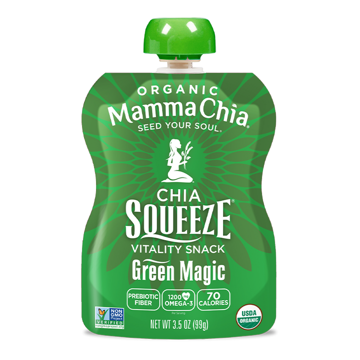 Green Mamma Chia chia squeeze packet on a white background