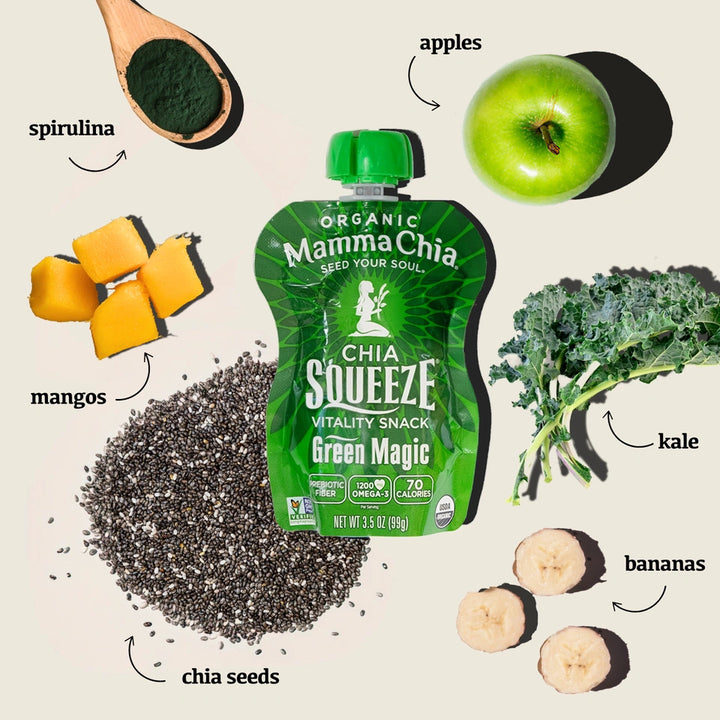 Mamma Chia chia squeeze packet with green magic flavor surrounded by spirulina, apples, mangos, kale, and bananas on a light background.