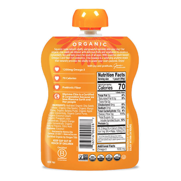 Orange organic snack pouch with nutrition facts label on a white background