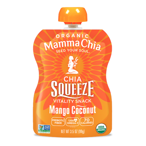Mamma Chia Chia Squeeze snack pouch with orange and white design on a white background