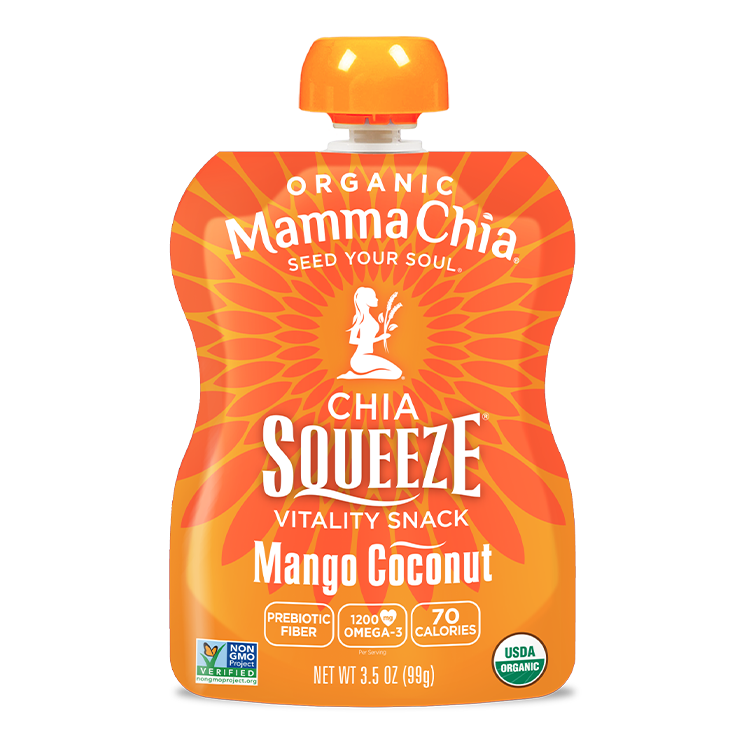 Mamma Chia Chia Squeeze snack pouch with orange and white design on a white background