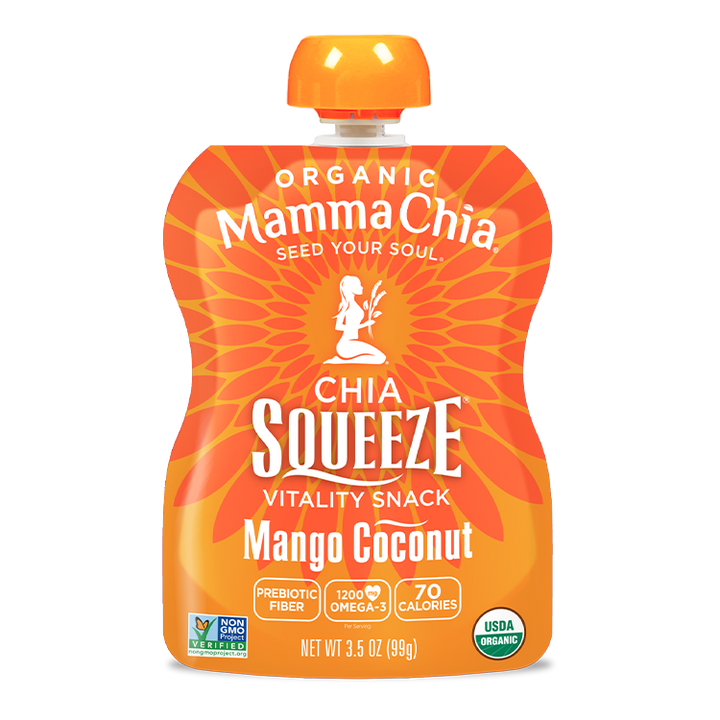 Mamma Chia Chia Squeeze snack pouch with orange and white design on a white background