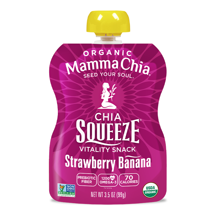 Mamma Chia chia squeeze packet with purple packaging and yellow cap on a white background