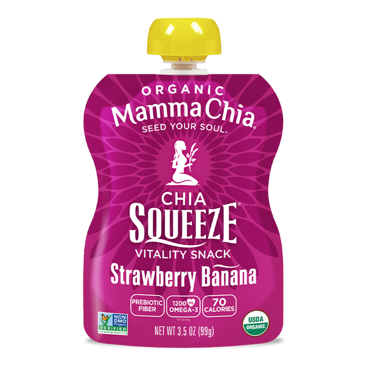 Mamma Chia chia squeeze packet with purple packaging and yellow cap on a white background