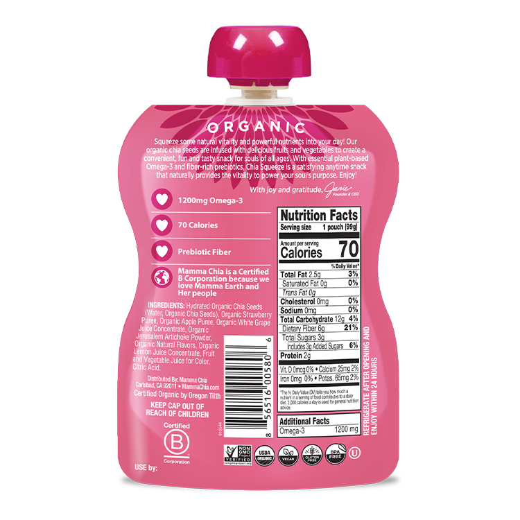 Pink organic snack pouch with nutrition label on a white background