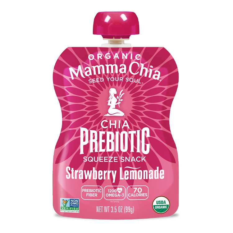 Mamma Chia chia prebiotic squeeze snack package in strawberry lemonade flavor on a white background