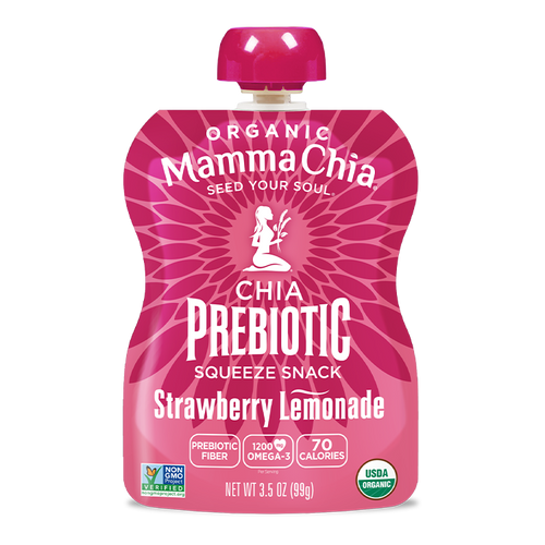 Mamma Chia chia prebiotic squeeze snack package in strawberry lemonade flavor on a white background