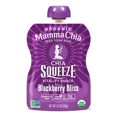 Purple Mamma Chia Chia Squeeze packet for Blackberry Bliss flavor on a white background