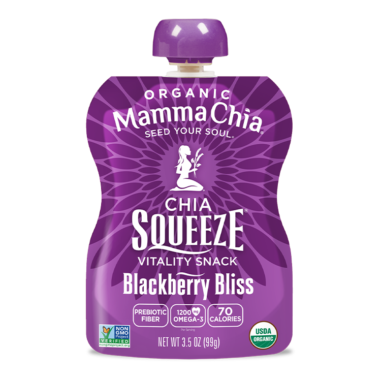 Purple Mamma Chia Chia Squeeze packet for Blackberry Bliss flavor on a white background