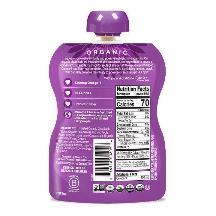 Purple organic snack pouch with nutrition label on a white background