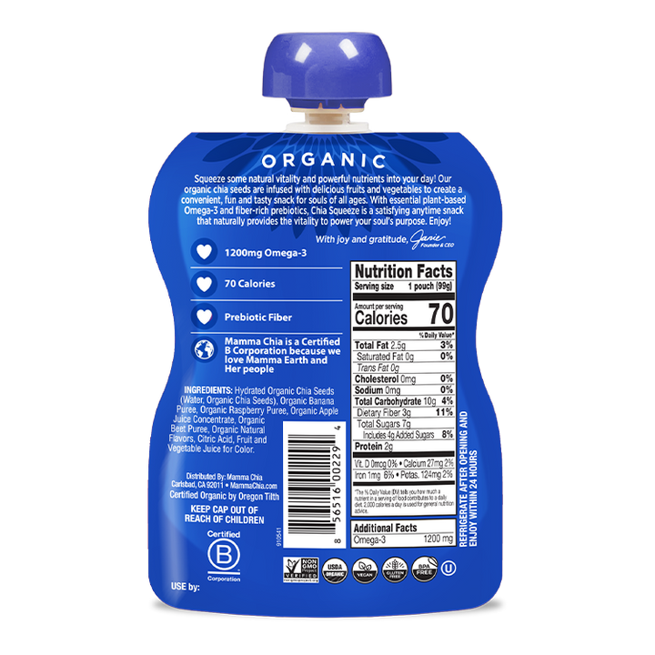 Back view of a blue organic snack pouch with nutrition facts and ingredients listed.